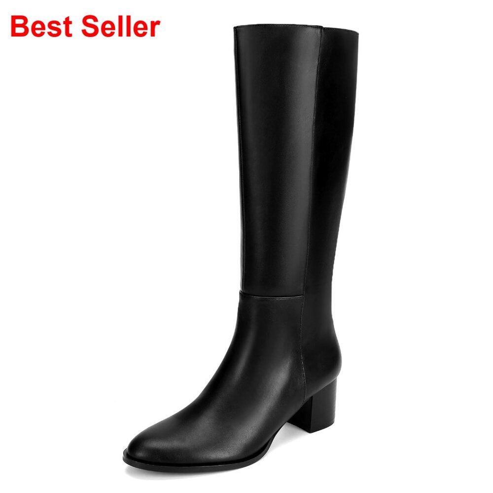 Knee High Boots Round Toe Chunky Block Heel Side Zip Faux Leather Women
